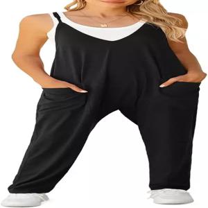 릴베터 여성용 루즈 캐주얼 V넥 민소매 점프슈트 조절 가능 스파게티 스트랩 긴 바지 전체 포켓 포함