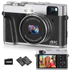 [미국배송] 사진 촬영용 4K 디지털 카메라 16배 줌 2.8인치 LCD 포인트 및 유튜브용 48MP 오토포커스 브이로그 32GB 마이크로 SD 카드 배터리 2개를 갖춘 흔들림 방지 컴팩트 카메라