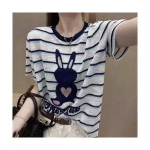 여성 트렌디 아이템 티 프린트 쿨링 스트라이프 캐릭터 반팔 니트 여름 얇은 캐주얼 라운드 셔츠 상의 D 슈