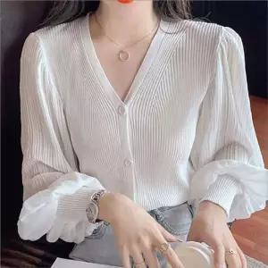 여성 블라우스 플리츠 v넥 퍼프 주름 팔뚝살 커버 가디건 2색