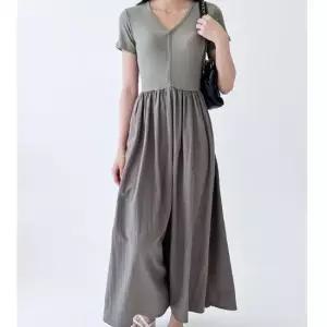 데일리 브이넥 퍼프 롱원피스 A라인 플레어 드레스