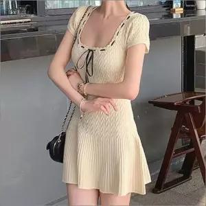 니트 U넥 플레어 리본 꽈배기 페미닌 원피스 3컬러 반팔 여자