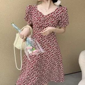 봄 가을 여자 허리 트임 포인트 앵두 반팔 롱 원피스