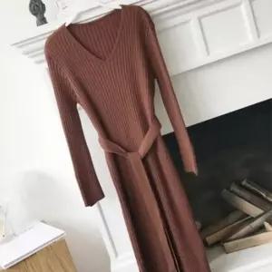 원피스 골지 롱 원피스 니트 가을 겨울 심플 데일리 허리끈