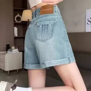 여성 청 여름 자수 A라인 핫팬츠 청반바지 하이웨스트 슬림핏 와이드 반바지 OP2