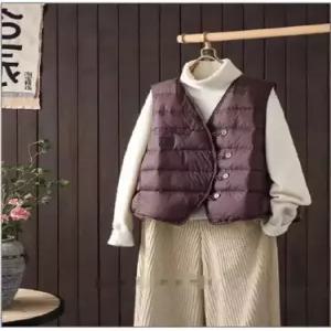 캐주얼 빈티지 여자 패딩조끼 나시 브이넥 민소매 트윌 다운 얇은 조끼 솔리드 OP1
