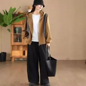 여성용 니트 면 캐주얼 가을 앤티크룩 야구 카디건 트렌디 패션 배색 항공 점퍼 고밀도 아이템 후드 집업