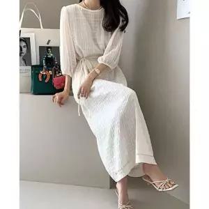 [하프클럽/]여성 허리 스트랩 7부 소매 롱원피스 1P 시스루 치마