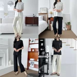 여성 와이드 슬랙스 여름 냉감 바지 티셔츠 아이스 쿨 상하의 세트