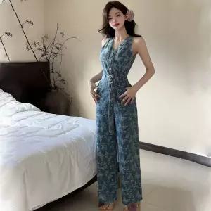 여자점프슈트 여름 프렌치 브이넥 민소매 프린트 하이웨스트 슬림핏 데님 와이드 바지 조수 점프슈트 ible2