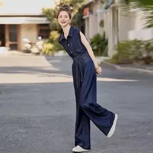 여자점프슈트 데님 점프슈트 와이드 바지 여름 끈 민소매 ible2