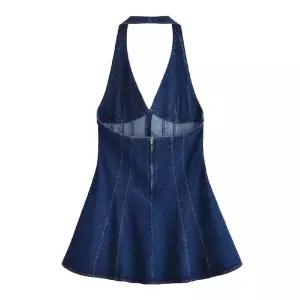 원피스 여친 데님 봄 슬리브 홀터넥 심플한 쇼트 청치마 DUCHI1