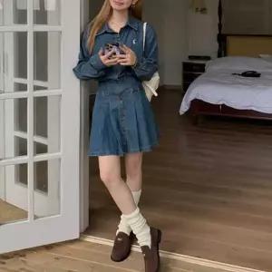 [하프클럽/]데님 청 원피스 자연스러운 A라인 스커트