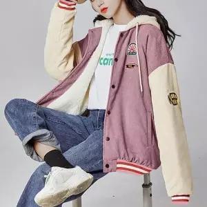 [하프클럽/]코듀로이 여자 야구 점퍼 똑딱이 후드 융털