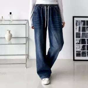 [하프클럽/]남녀공용 커플 데님 와이드 허리끈조절 캐주얼 스타일 밴딩 팬