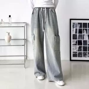 [하프클럽/]남녀공용 커플 머드워싱 데님 카고 투포켓 와이드 긴바지 패션