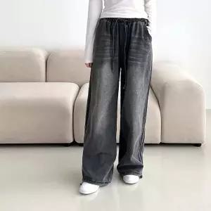 [하프클럽/]남녀공용 커플 사이드 두줄라인 포인트 밑단스트링 데님 와이드