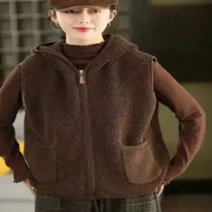 니트 빈티지 후드 여자패딩조끼 조끼 기모 민소매 도톰 나시 솔리드 ible1