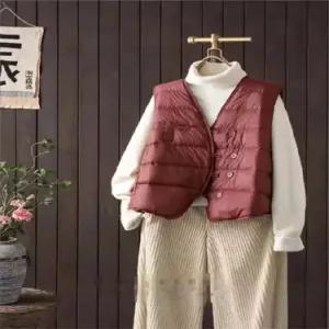 캐주얼 빈티지 솔리드 민소매 나시 트윌 얇은 브이넥 여자패딩조끼 조끼 패딩 ible1
