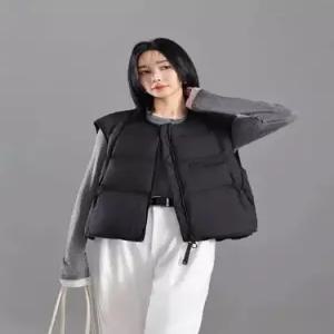 캐주얼 다운 여자패딩조끼 조끼 스트링 밑단 네오프렌 민소매 라운드 ible1