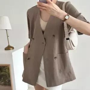여성 쿨 린넨 노카라 포켓 긴팔 브이넥 더블 자켓 마 재킷
