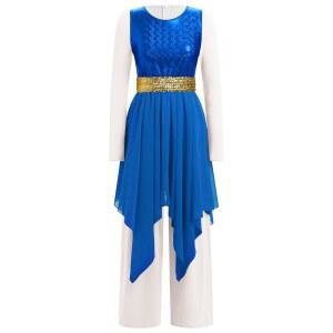 여성용 VOM 칭찬 댄스 드레스 메탈릭 비대칭 오버레이 + 점프수트 팬츠 벨트 예배 전례 댄스웨어 의상