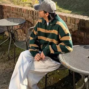 [하프클럽/옷자락]커플 오픈카라 단가라 오버핏 겨울 니트티