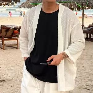 [하프클럽/옷자락]남자 여름 휴양지룩 팔부 노버튼 시스루  가디건