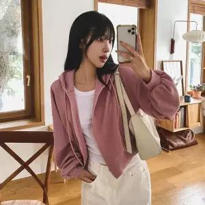 [하프클럽/옷자락]여자 데일리 왕퍼프 골지 크롭 후드집업