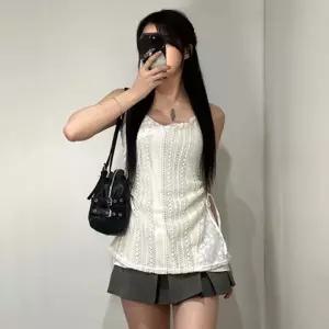 나시 발레코어 끈 원피스 페미닌 언발 뷔스티에 셔링 펀칭 레이어드 슬리브리스 레이스 여자