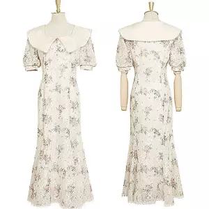 EAMT 여친 스커트 롱 봄 여름 레이스 프린트 슬림핏 퍼프 프렌치 쉬폰 EUNG2