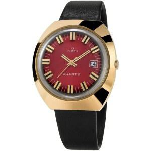 Timex Q 남성 1972년 재발매 43mm 시계 u2013 골드 톤 케이스 버건디 다이얼 블랙 가죽 스트랩