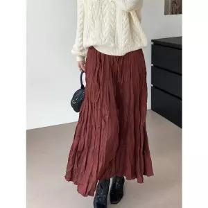 EAMT 여자 봄 치마 빈티지 앙고라 스웨이드 스커트 주름 A라인 롱 우산 EUNG1