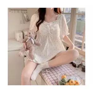 EAMT 여성 컬러 도트 파자마 전원편안 프린세스풍 반팔 반바지 브라 패드 면 여름 YJ2