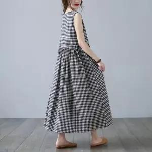 EAMT 여자 민소매 원피스 여름 빈티지 워싱 라운드넥 빅사이즈 체크 무늬 오버핏 롱 EUNG2