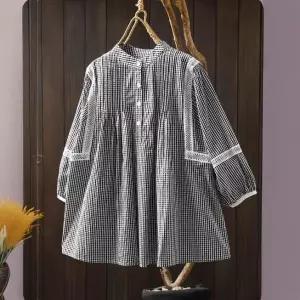 앤트맨 여성용 면 여름 캐주얼 레이스 차이나 체크 인형 셔츠 5부 OPH2