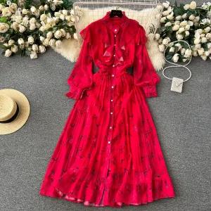 헐크 여친 여자 원피스 스커트 롱 가을 쉬폰 셔링 슬림 레이스 프린트 바캉스 프릴 KKE3