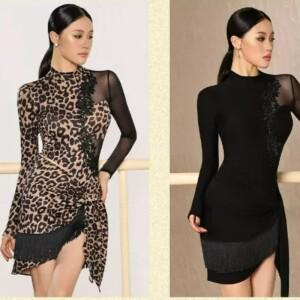 여성호환용 성인 라틴 댄스 드레스 세트 긴 소매 레오타드 메쉬 탑 태슬 스커트 차차 볼룸 의상 연습복