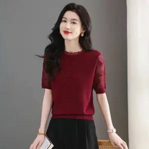 픽호샵 여사친 니트 여름 롱루즈핏티 얇은 키작녀 상의 예쁜 셔츠 라운드넥 펀칭 반팔 쿨링 레이스 티 꾹2