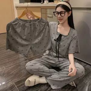 스파이더맨 여자 캐주얼 여름 편안한 파자마 반바지 패드 반팔 쓰리피스 긴바지 브라 OPH2