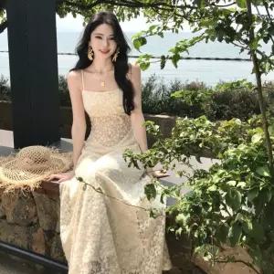 스파이더맨 치마 원피스 여사친 롱 봄 부드러운 크림 레이스 펀칭 계열 허리 나시 OPH1