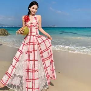 스파이더맨 레이스 홀터넥 바캉스룩 롱스커트 슬림핏 원피스 여친 여름 OPH2