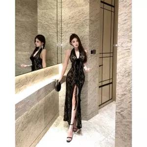 스파이더맨 원피스 치마 여성 하계 머메이드 브이넥 슬림핏 레이스 홀터넥 깊은 OPH2