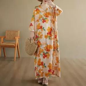 EAMT 원피스 가을 빈티지 여성 면 바캉스 프린트 긴팔 린넨 빅사이즈 슬림핏 와이드 YJ3