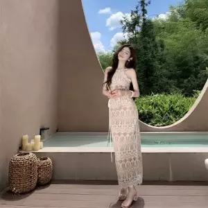 EAMT 여사친 원피스 치마 여름 힙업 홀터넥 레이스 몰디브 바캉스룩 롱스커트 민소매 비치 EUNG2