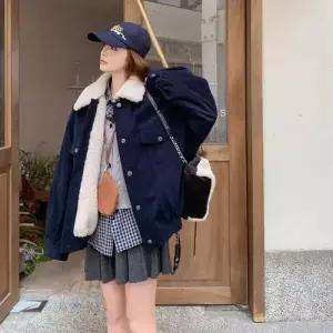 남색 여성용 빈티지 모피 코트 코듀로이 파이 세무 숄 칼라 기모 KS1