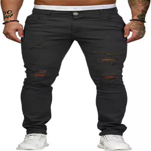 헝슨 남성용 블루 슬림 핏 청바지 스트레치 파괴된 찢어진 스키니 진 측면 스트라이프 데님 팬츠