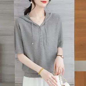 EAMT 여친 니트 캐주얼 여름 얇은 상의 올오버 레이셀 후드 반팔 펀칭 티 후드티 EUNG2