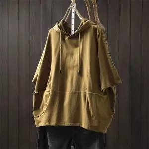 EAMT 여자 여름 캐주얼 후드 풀오버 얇은 포켓 티셔츠 후드티 양 라운드넥 반팔 EUNG2