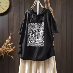 EAMT 여름 캐주얼 여친 후드티 상의 반팔 프린트 후드 얇은 티 EUNG2